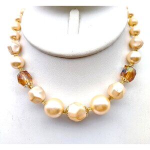 Baroque Faux Pearl Choker Necklace, Vintage Lustrous Beads with Topaz Crystals